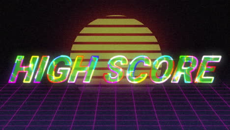 animation of high score text on grid pattern and sun against black background