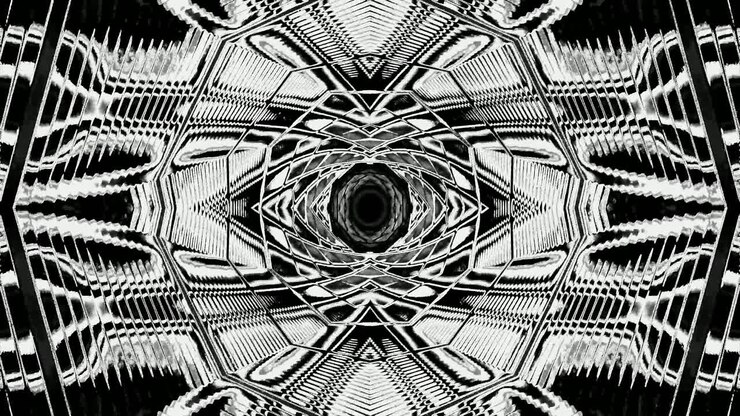 This video features a neon tunnel with fast moving black and white patterns creating a dynamic visual. The scene appears to be set in a digital space that captures attention with its motion