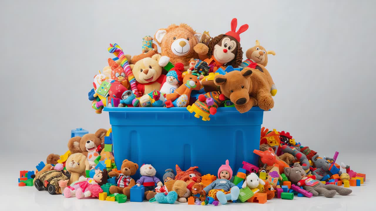 Pulling back, camera revealing blue bin full of stuffed animals and blocks at studio