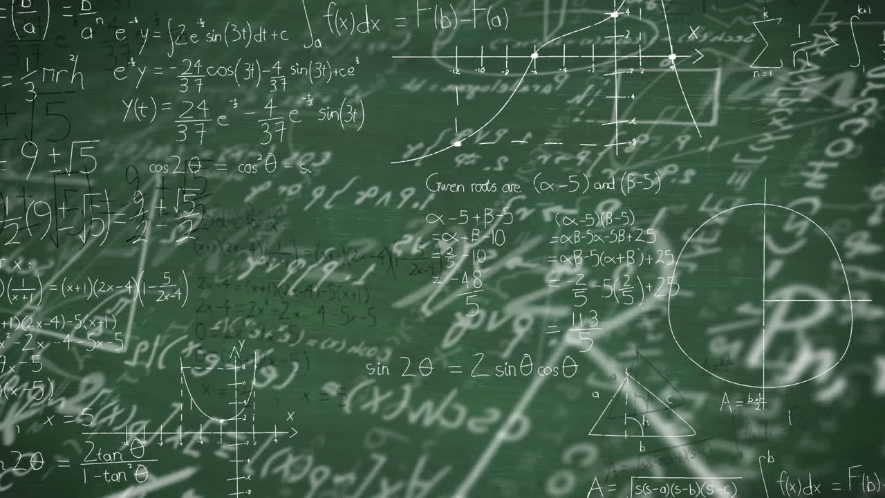 animación de ecuaciones matemáticas y diagramas contra un fondo verde.