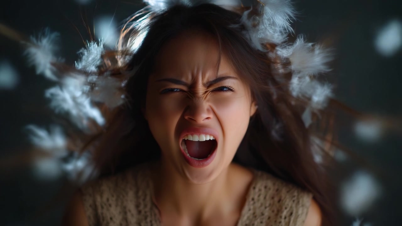 A powerful expression of raw emotion emerges as a woman screams amidst a flurry of soft feathers, showcasing vulnerability and intensity in a dramatic scene.