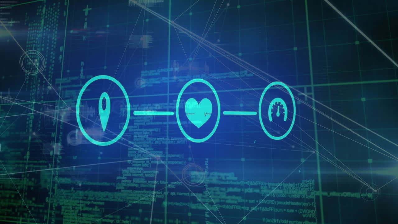 animación del procesamiento de datos sobre iconos de medios