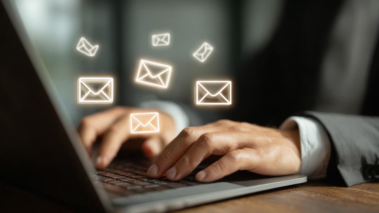 A focused individual typing on a laptop, surrounded by virtual email icons indicating communication and digital interaction in a professional environment