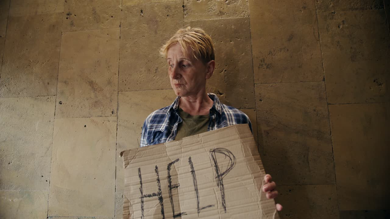 여성 구걸 ⁇  이 인생 에  ⁇ 혀 있고 정신적, 신체적 으로 잘 못하고 있기 때문 에 도움 을 요청 하는 표지판 을 들고 있는 영상