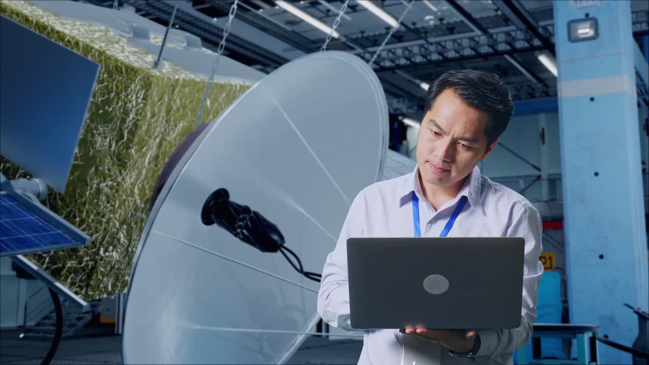 ingeniero que trabaja en un sistema de satélites
