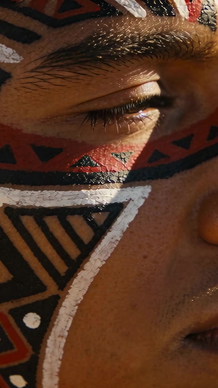 Video vertical: Hombre parpadeando con triángulos pintados, entrecerrando los ojos al sol al aire libre, mostrando las pestañas