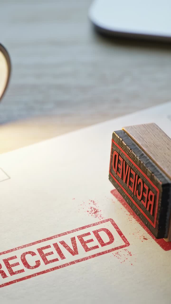 Timbro in gomma di legno che imprime la scritta rossa "RICEVUTO" su carta su una scrivania d'ufficio, con lampada e laptop.