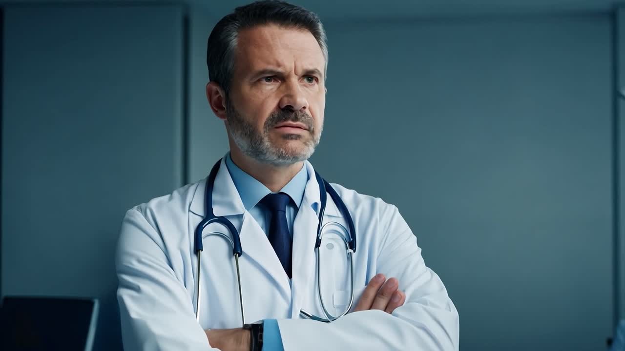 Serious doctor in a white coat with a stethoscope around his neck looking away