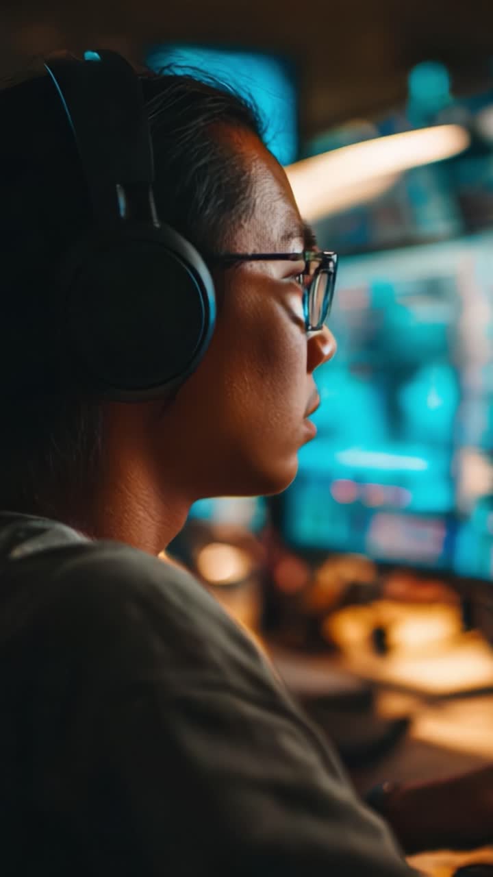 Koncentreret gamer fordybet i konkurrencedygtigt gameplay bruger højteknologiske hovedtelefoner og klare skærme, der udstråler en atmosfære af koncentration og strategi i spilmiljøet