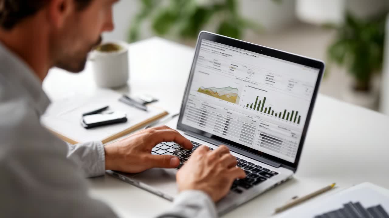 A focused individual analyzes data trends and statistics on a laptop, showcasing a model of productivity and research. The dual-frame highlights concentration, data interpretation, and modern workspace dynamics