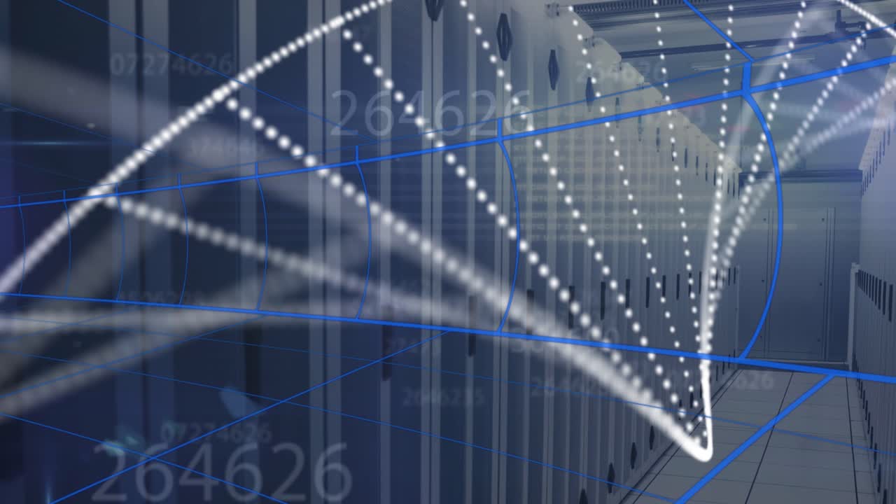 Animation of data processing and dna strand over server room