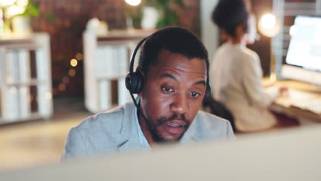Call-center,-black-man-and-talking-on-computer
