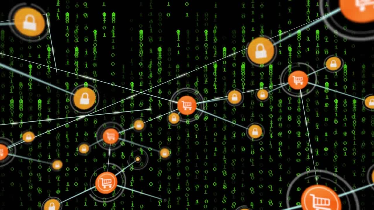 Animation of network of connections with icons over data processing on black background