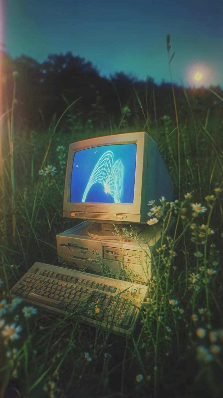 Vintage computer placeret på en græsmark i skumringen