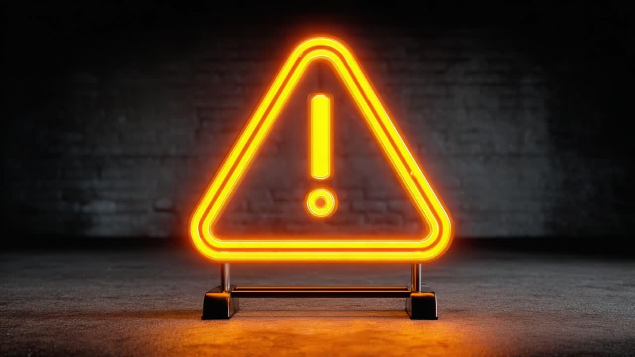 Illuminated Warning Sign in Clear Focus, Highlighting a Caution Symbol with a Bright Orange Glow Against a Dark Background for Emphasized Visibility and Attention