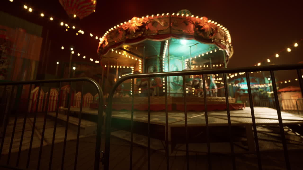 A deserted amusement park at night featuring a quiet carousel and dim lights