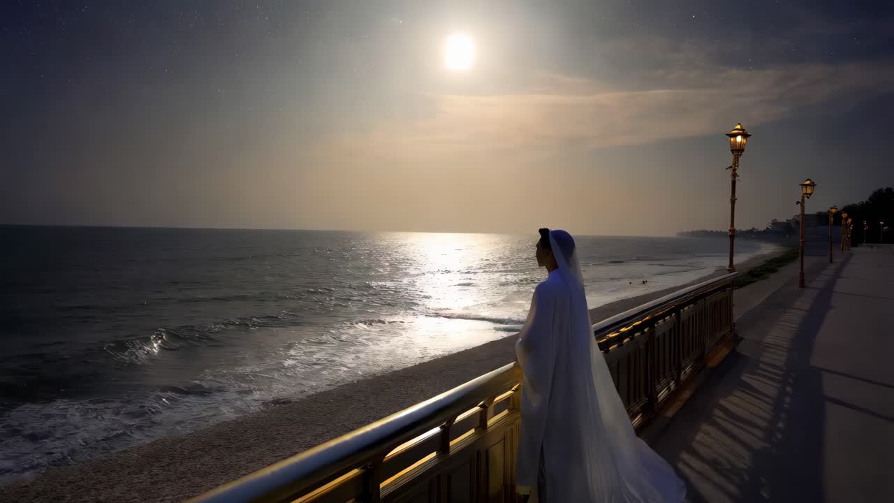 밤에 해변에 있는 여자