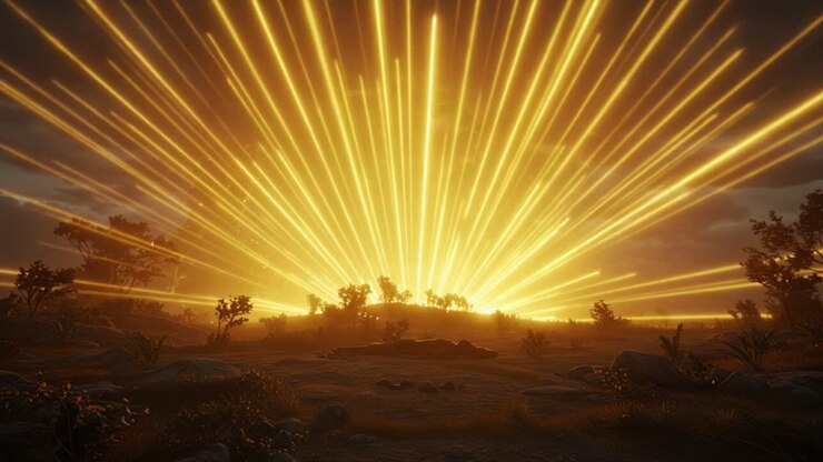 A Stunning Display of Explosive Energy Erupts from the Earth, Illuminating the Sky with Vibrant Streams of Golden Light and Creating a Captivating Evening Atmosphere