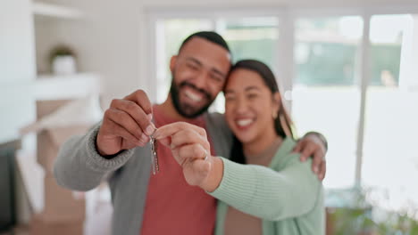 happy couple, real estate and keys in new home