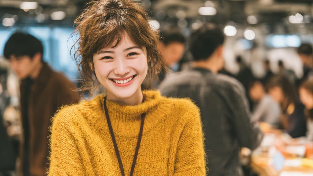 A Warm Smile: Capturing the Joyful Spirit of a Young Woman in a Cozy Knit Sweater Surrounded by a Vibrant Social Gathering in a Modern Setting