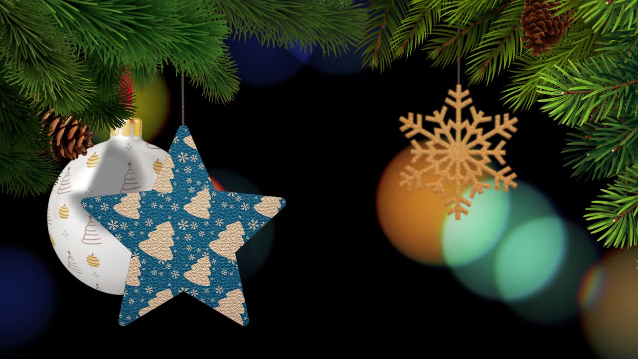los adornos de navidad y los pinos se balancean en un fondo bokeh en bucle