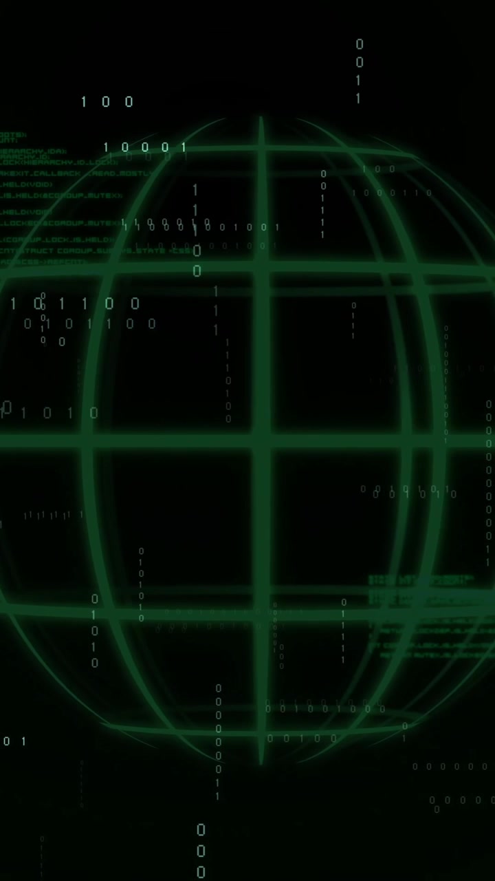 Animation of green digital globe with binary code and data lines on dark background