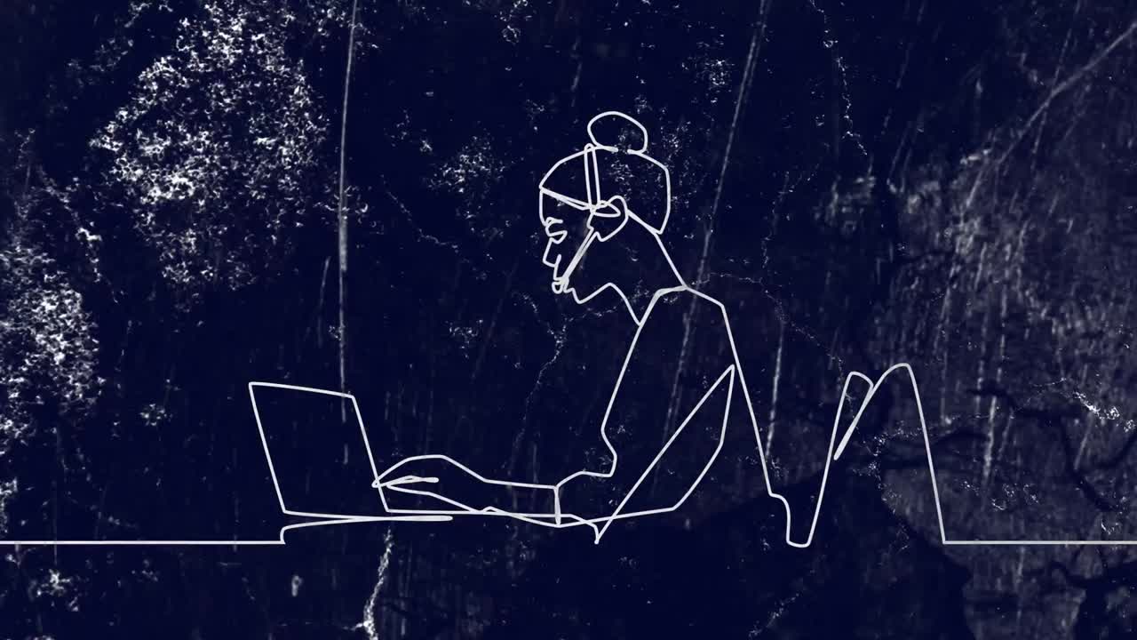 animación del dibujo de una mujer de negocios usando auriculares de teléfono sobre formas en movimiento