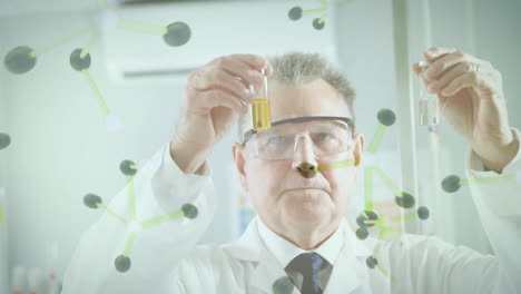 Animation-of-chemical-molecules-over-caucasian-male-scientist-taking-sample-in-lab