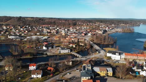 slow aerial flight above beautiful swedish rural region during sunny day and blue sky