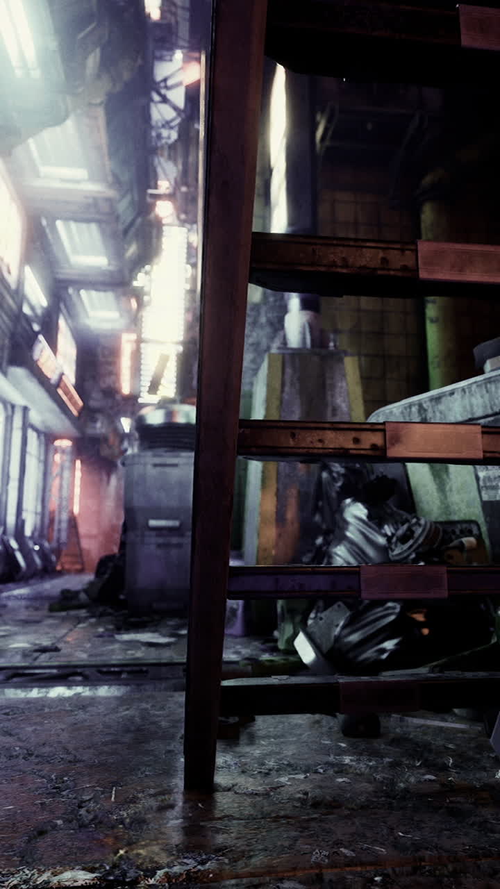 Futuristic city alley with industrial elements and scattered debris