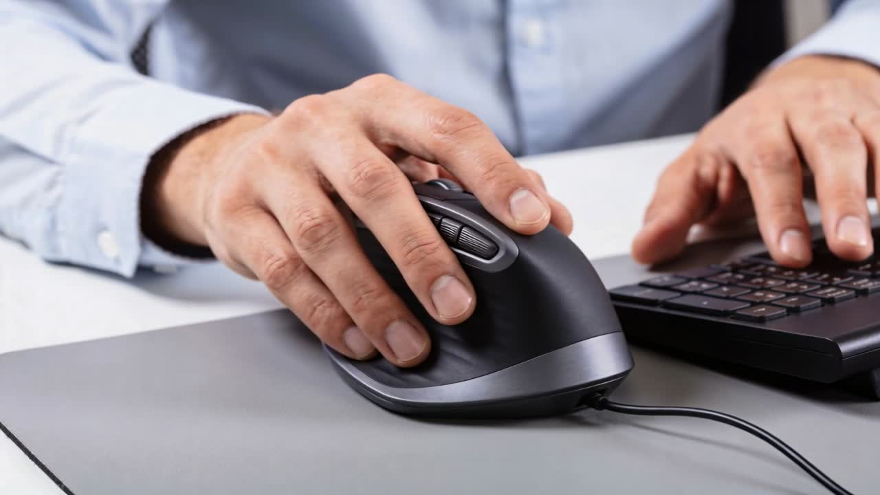 Adjusting hands' grip when moving mouse for work, hands in blue shirt typing keys at desk