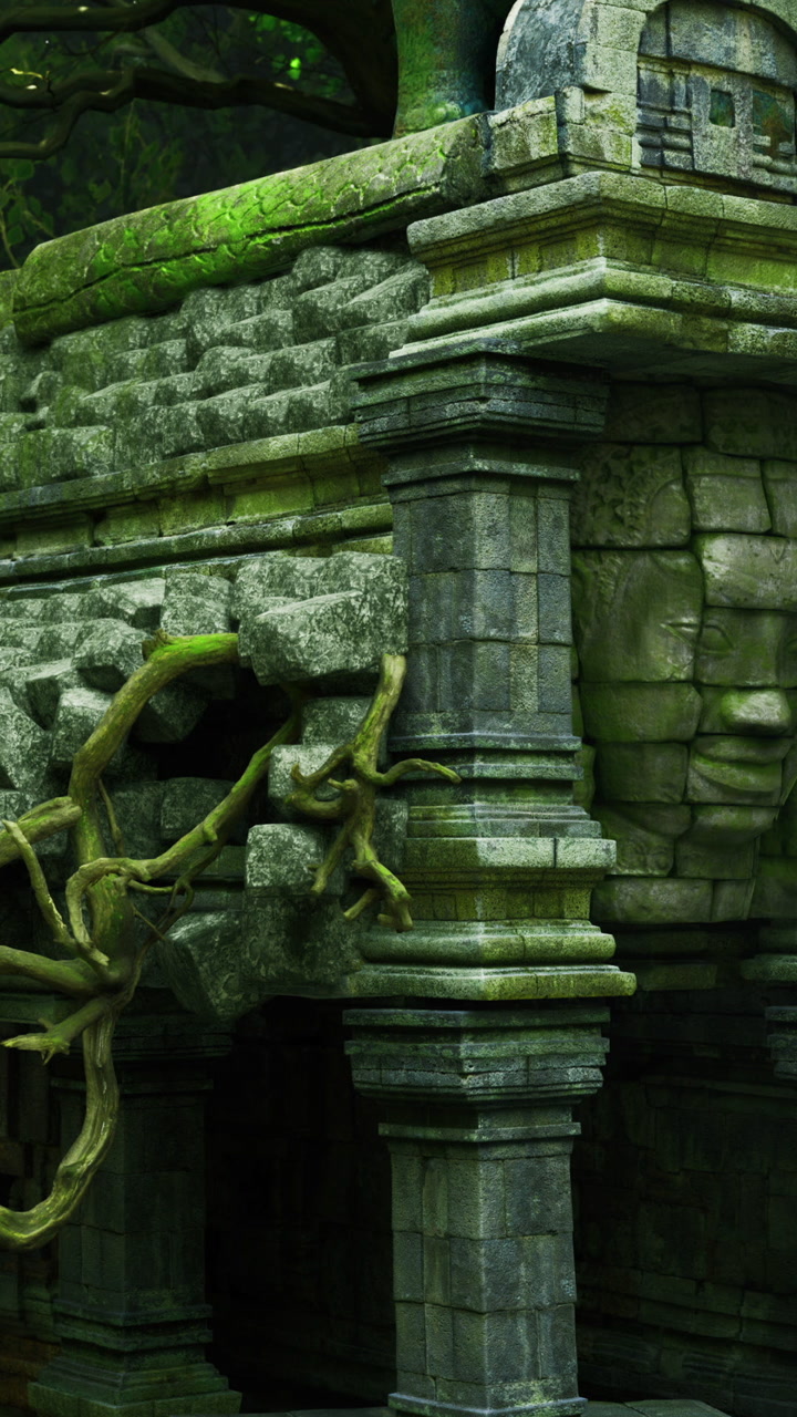 Ancient stone ruins entwined with natures embrace in a mysterious forest