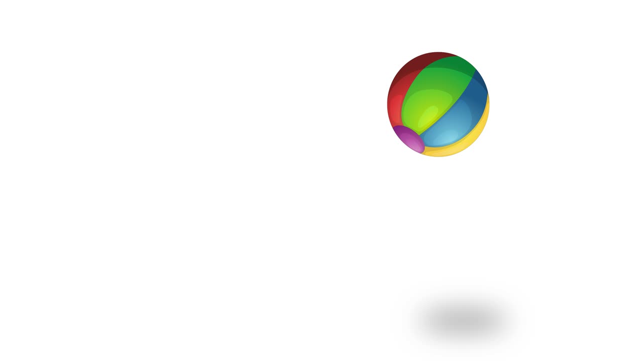 A multicolored beach ball bounces energetically across a clean white background, casting soft shadows and demonstrating smooth, realistic motion and squash-and-stretch animation principles