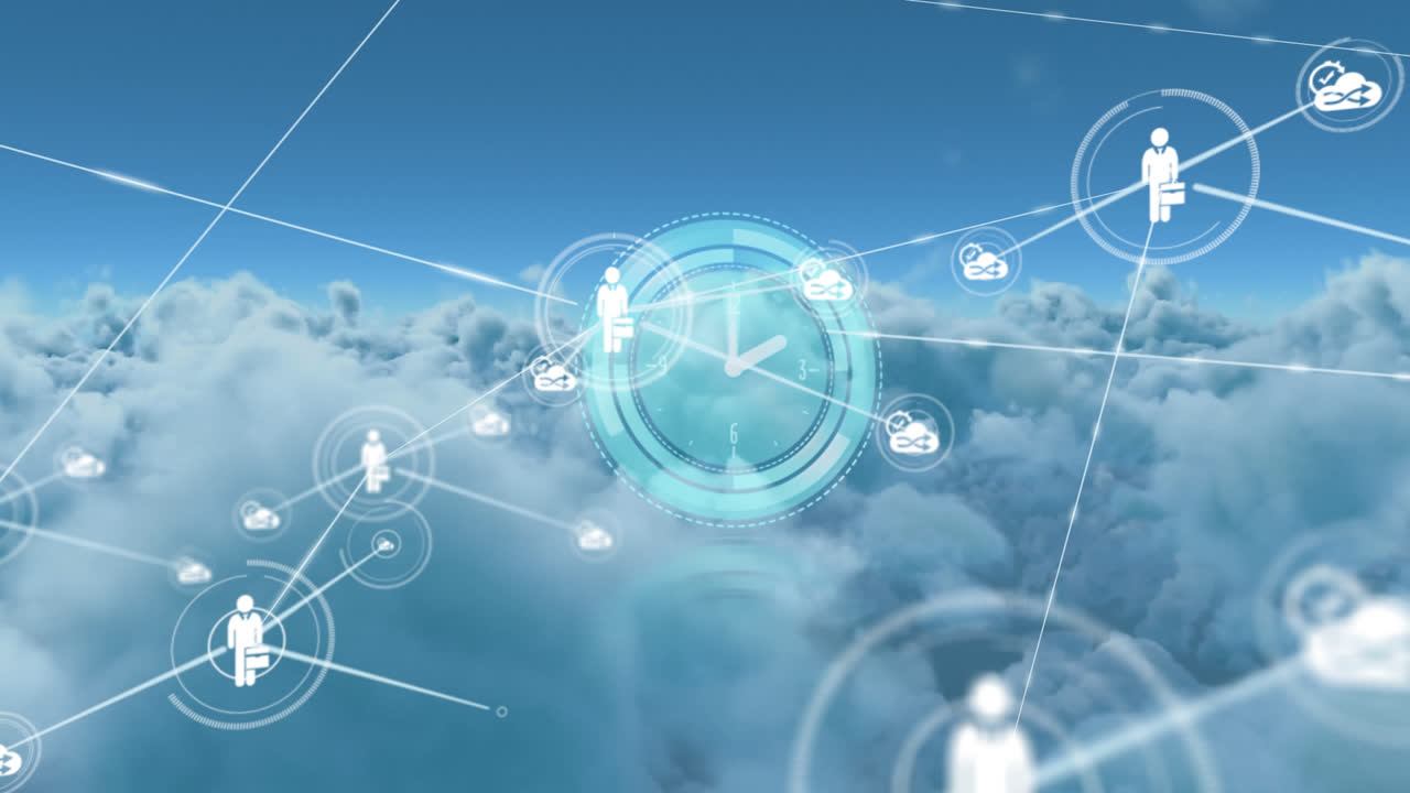 시계와 하늘을 가로질러 사람들의 연결 네트워크의 아이콘의 애니메이션