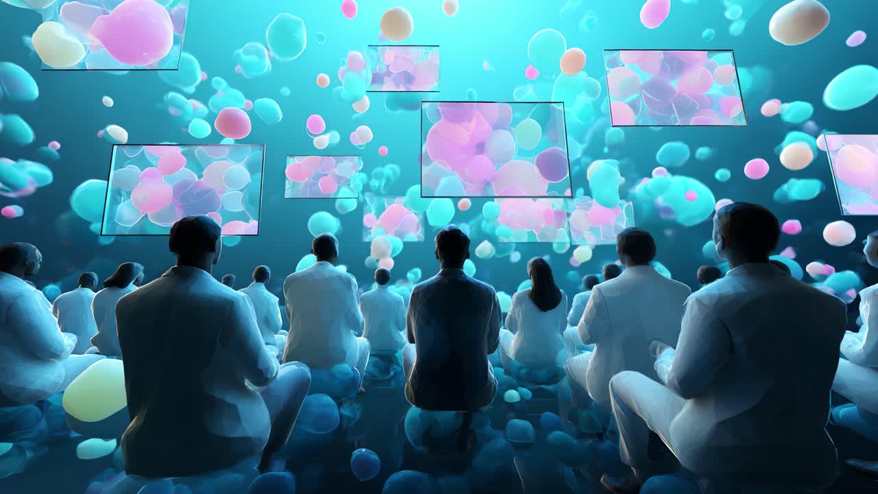 A Captivating Scene of an Engaged Audience Immersed in a Colorful Displays with Abstract Visuals and Floating Particles, Creating a Magical Atmosphere of Innovation and Imagination