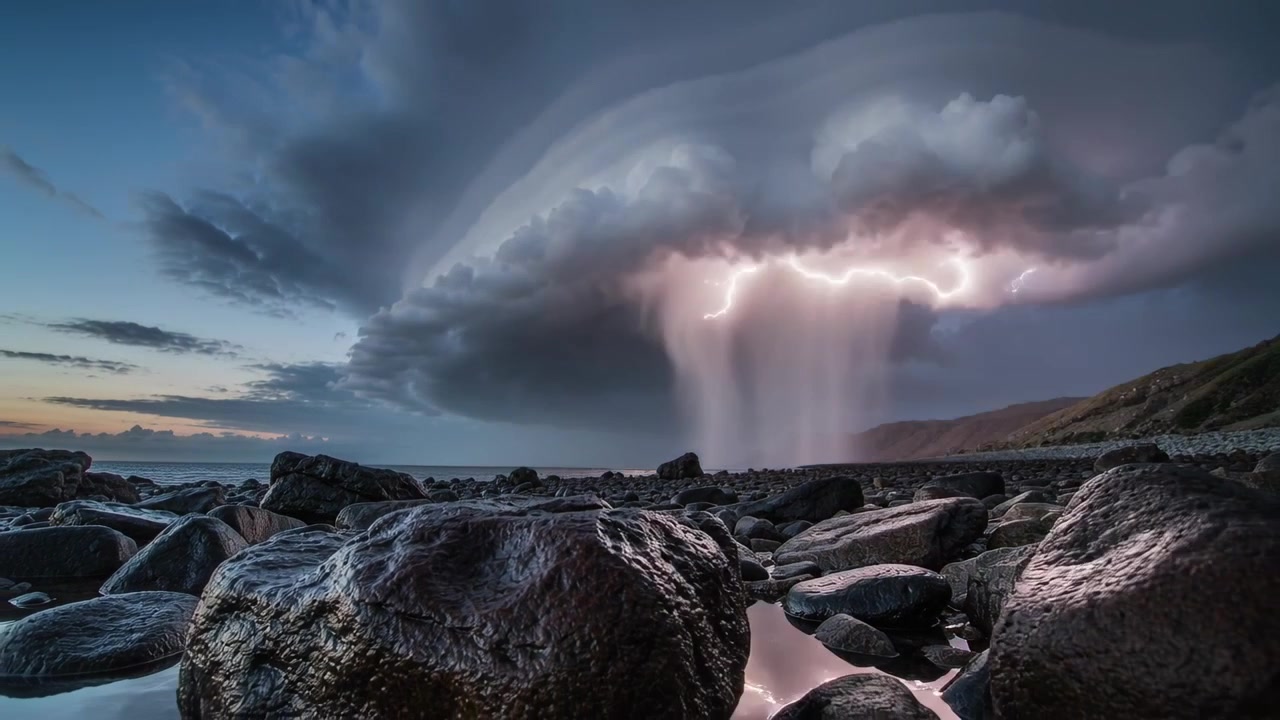 Rotating anvil cloud sending rain shaft over ocean from boulders, lightning illuminating rain shaft