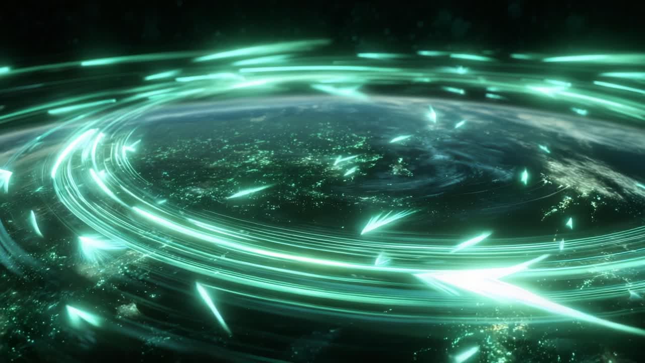 Luminous green streams of data and arrow shaped particles rapidly orbiting planet Earth, representing global internet traffic, digital communication, and advanced futuristic technology