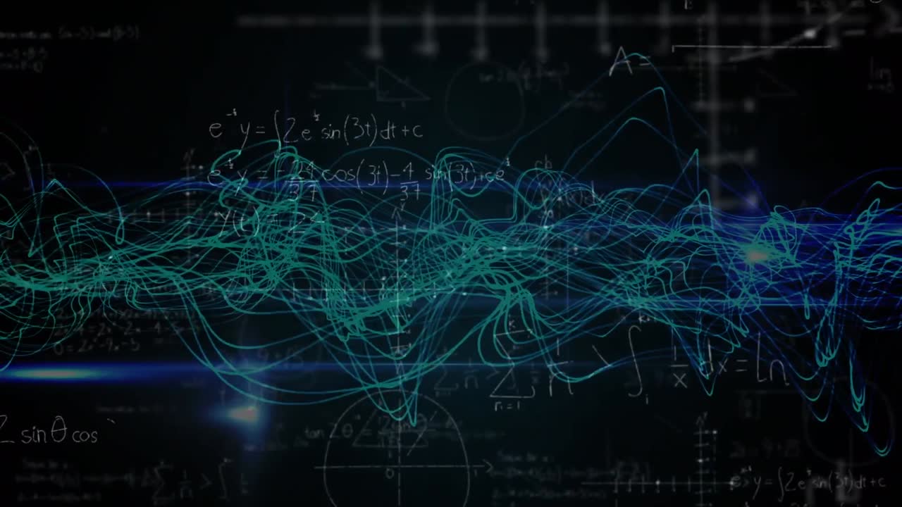 Animation of mathematical equations over light trails on black background