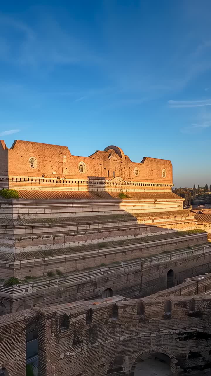 Vertical video: Panning camera revealing terraced brick ruin at city ruin capturing diagonal shadow