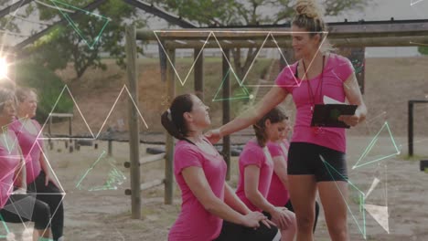 Animation-of-shapes-over-diverse-women-with-coach-at-obstacle-course-exercising