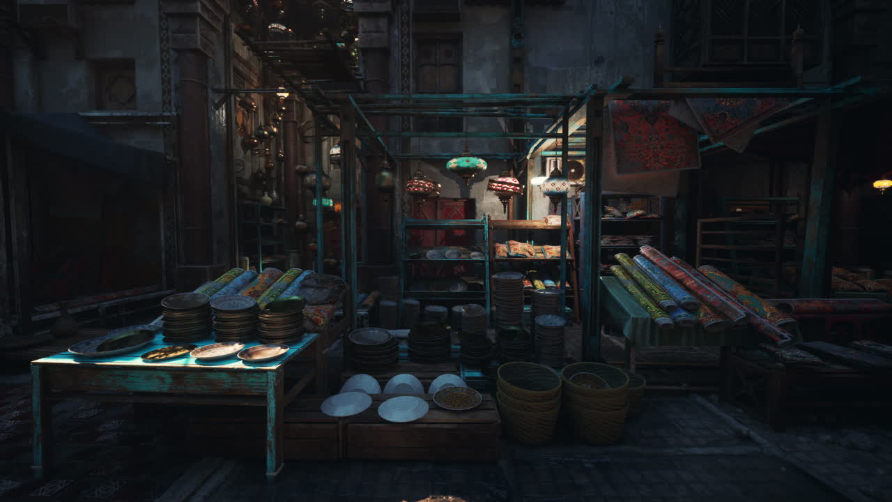 Night market scene colorful textiles and glowing signs in moody alley