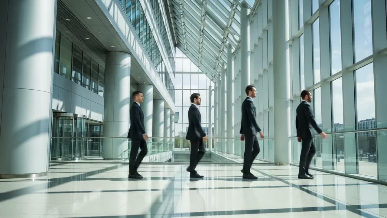 A Group of Businessmen in Suits Walking in Unison Through a Modern Glass Lobby, Showcasing Professionalism and Teamwork in a Corporate Environment