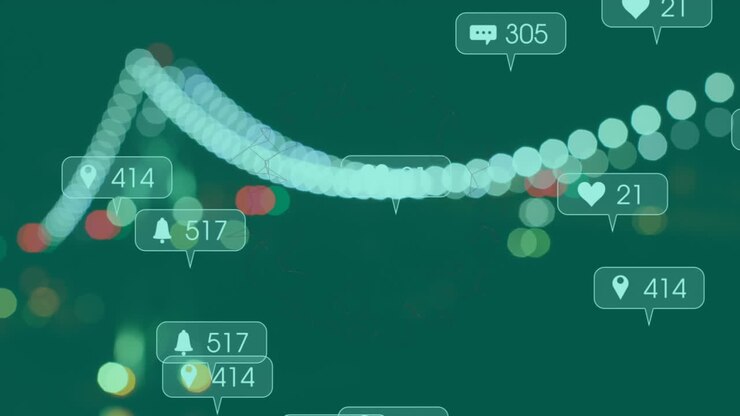 Animation of social media icons and scope scanning over city lights