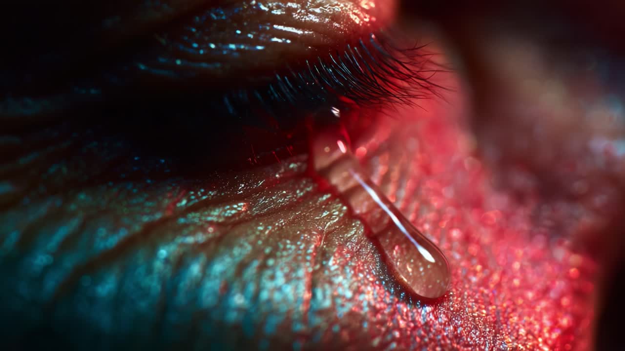 An Intimate Close-Up of a Tear Dropping from an Eye, Capturing the Depth of Emotion and the Play of Light on Skin, Highlighting Vulnerability and Human Experience in a Unique Perspective
