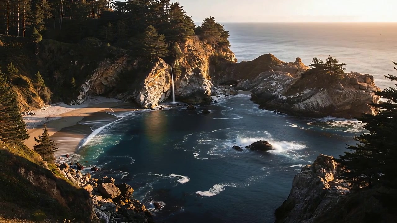 Il sole caldo illumina le scogliere e si riflette sull'acqua della baia, visto da un belvedere sulla scogliera, con una cascata.