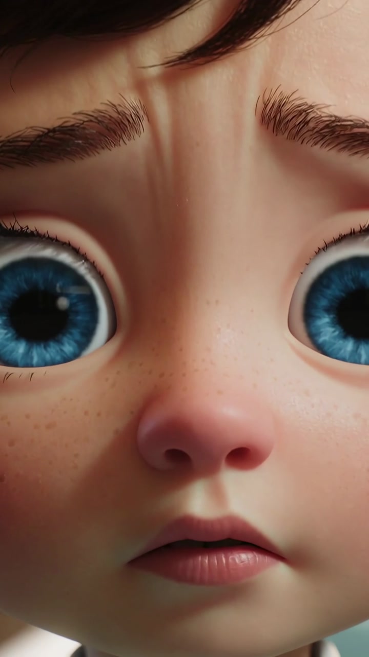 Vertical video: Reacting to frame change, childlike face widening eyes in studio, showing surprise
