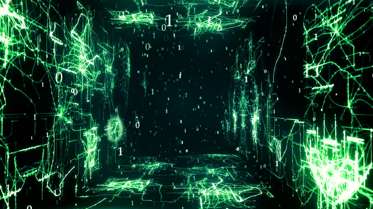 Flying in an abstract tunnel from the lines and points forming a drawing of circuits