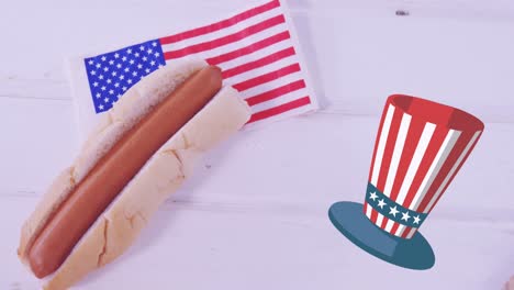 Animación-De-Hot-Dog-Y-Sombrero-Con-Los-Colores-De-La-Bandera-De-Estados-Unidos-Sobre-Una-Superficie-Blanca.