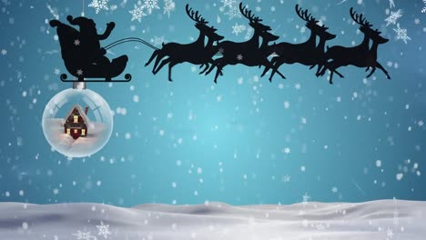 Animation-Von-Fallendem-Schnee,-Weihnachtsmann-Im-Schlitten-Mit-Rentier-über-Weihnachtlicher-Schneeballdekoration