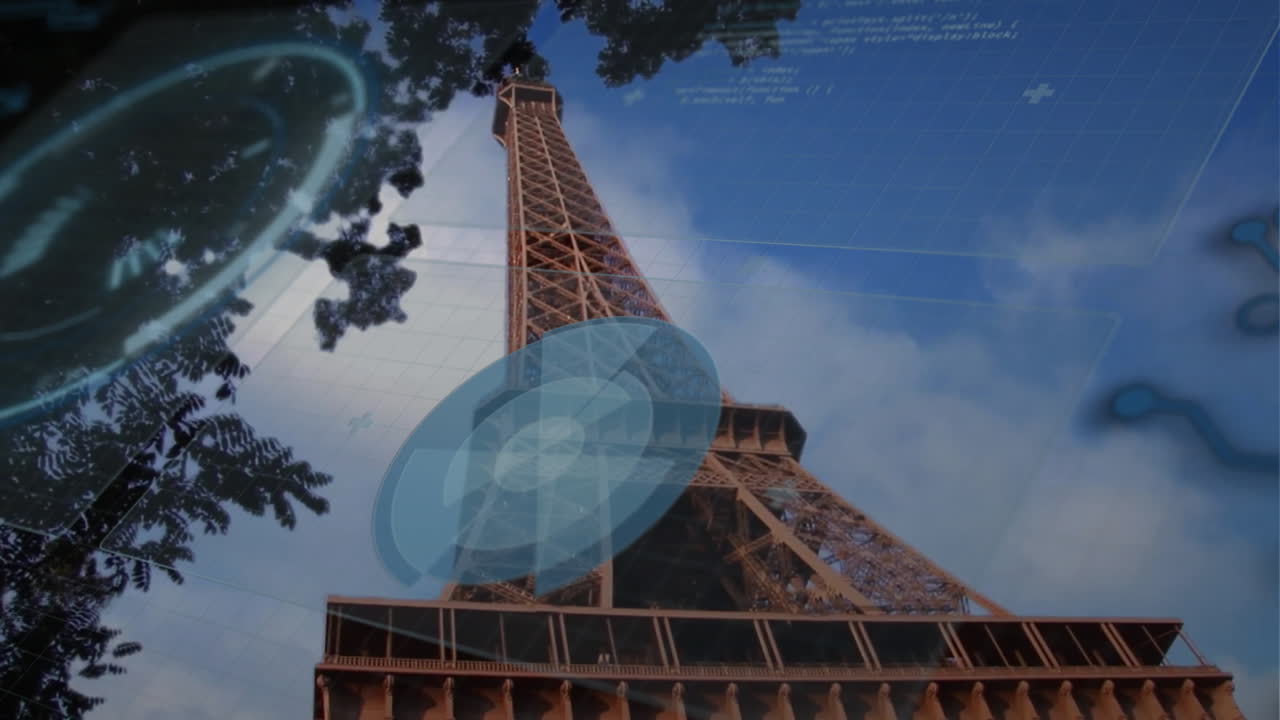 Eiffel Tower rising into blue sky, displaying floating circular HUDs and grid overlays